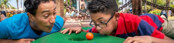 Father and Son Playing Mini-Golf