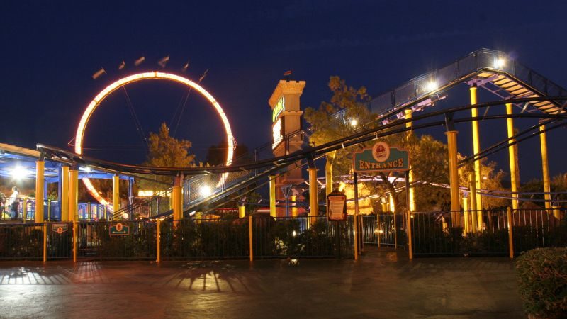 Night time photo of Merlin's Revenge